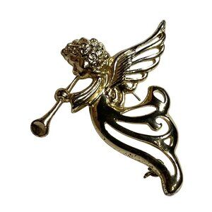Vintage Gold-Tone Angel Playing Trumpet Pin Brooch By SFJ